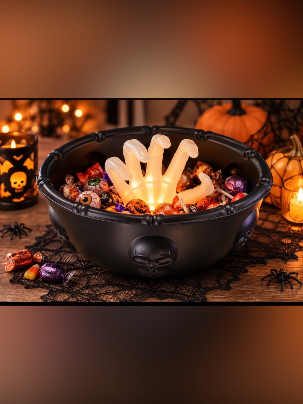 Halloween Black Skull Candy Bowl with Glowing Hand Centerpiece, Halloween Bowl
